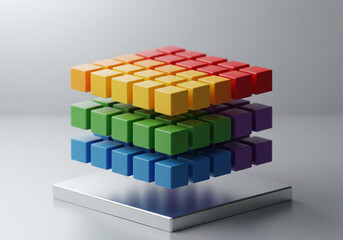 Abstract 3D composition of colorful floating cubes arranged in layers on white pedestal - with copy space