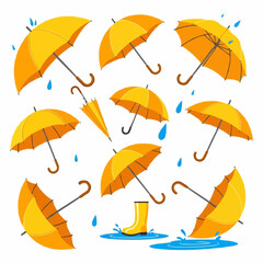 A vibrant collection of sunny yellow umbrellas, rain boots, and splashing puddles, illustrating cheerful protection from a rainy day, perfect for seasonal designs and weather-themed projects