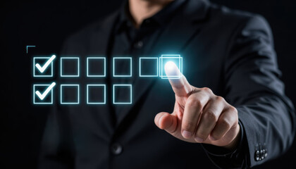 Businessman in black suit pressing virtual checkbox on digital interface symbolizing assessment and satisfaction for business success