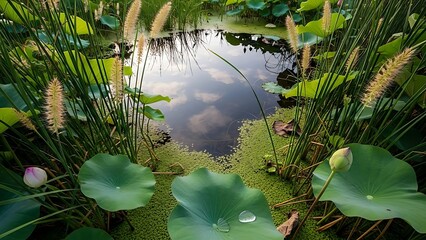 Serene pond surrounded by lush greenery and vibrant lotus plants