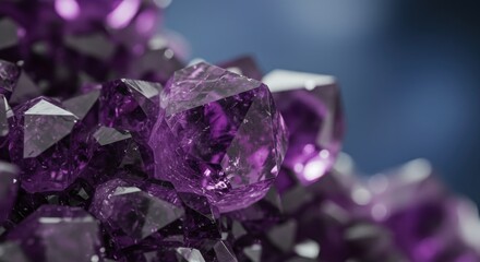 Close up photograph highlights faceted surfaces of deep purple mineral formation against a soft background
