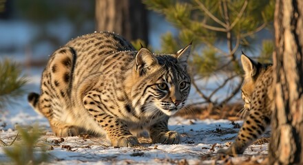 A wild feline with spotted fur crouches in a snowy environment. The sunlight softly highlights its features. Another smaller cat is behind a tree