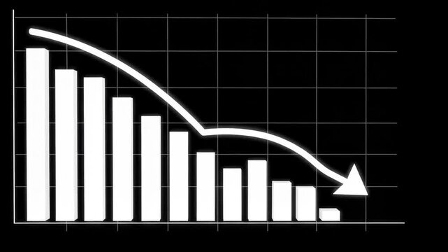 Downward trend graph with arrow on black background 4k video