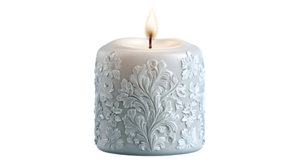 A glowing white candle with a burning yellow flame and melting wax stands isolated on a white background, providing soft candlelight decoration for a holiday celebration