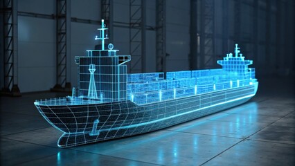 Fototapeta premium A futuristic holographic representation of a cargo ship, showcasing advanced technology and design in a modern industrial setting.