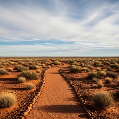 A winding dirt path meanders through a vast arid landscape, under a partially clouded sky. The terrain is covered in low, brown vegetation