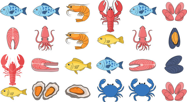 Seafood and marine animals vector illustration set with fish lobster shrimp crab squid mussels and oysters