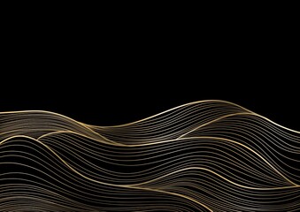 Luxury black background with flowing gold wavy lines 
