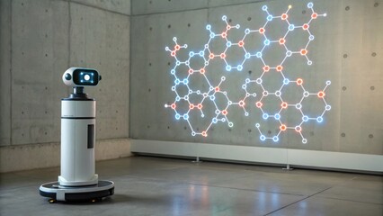 A modern robotic device stands on a smooth floor, projecting a colorful molecular structure on a textured wall in a minimalistic environment.