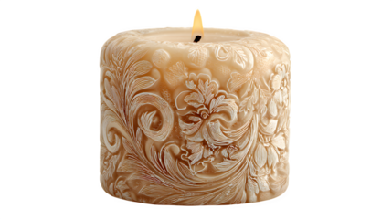 A burning yellow wax candle with a flickering orange flame and black wick sits isolated on a white background as a bright decorative object for a Christmas holiday celebration