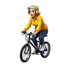 Active elderly woman riding a bicycle and enjoying music with headphones  