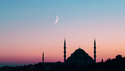 Serene dawn landscape featuring a mosque silhouette under a soft pastel sky with a thin crescent moon, symbolizing spiritual peace and Islamic tradition.