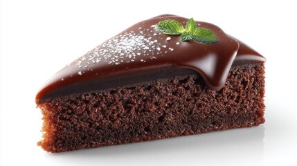 A richly baked triangular slice of chocolate cake showcases a velvety ganache glaze topped with a fresh mint leaf, inviting sweet cravings and delighting fans of indulgent desserts