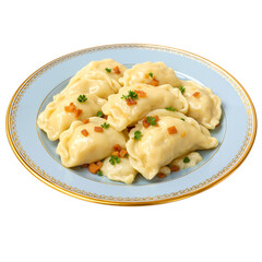 Dumplings served on a blue plate with herbs and diced vegetables  