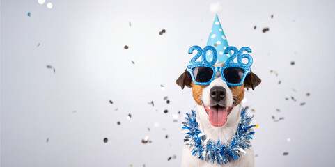 Happy New Year 2026 Concept; Cute Dog with Party Hat, Celebration Glasses and Confetti