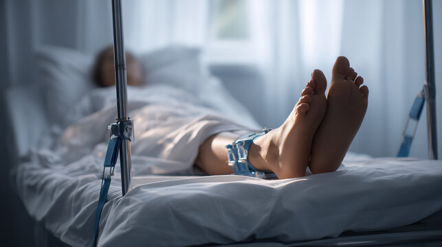 Hospital bed with ankle restraints and patient feet
