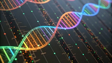 A colorful representation of a DNA double helix, showcasing genetic patterns and molecular structures against a dark background.