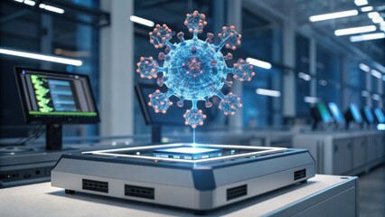 A futuristic laboratory scene featuring a holographic representation of a virus displayed on a digital platform amidst high-tech equipment.
