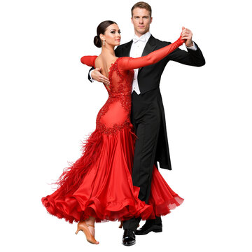 Professional couple dancing in elegant red ballroom attire  