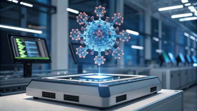 A futuristic laboratory scene featuring a holographic representation of a virus displayed on a digital platform amidst high-tech equipment. - Powered by Adobe