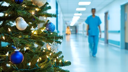 Christmas tree in a hospital corridor with a nurse walking by