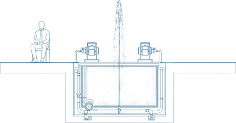 Technical fountain water system section drawing with pumps and piping, architectural engineering illustration for landscape design, public plaza planning, and hydraulic projects © Nur Creations