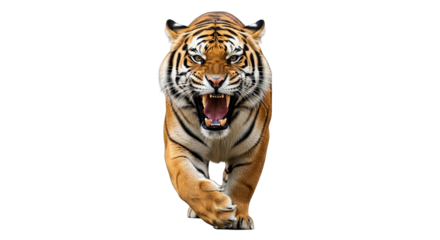 Furious tiger charges forward, mouth open, displaying sharp teeth against stark black background