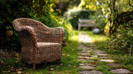 Serene garden pathway with wicker chair and lush greenery for outdoor relaxation,National Wicker Day