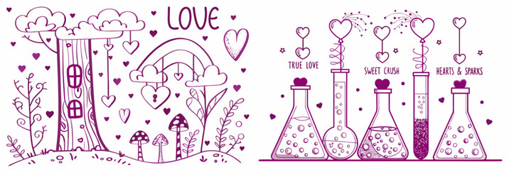 Whimsical love themed illustrations with hearts and beakers
