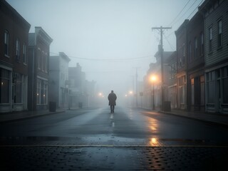 A person rides a bicycle down a foggy city street lined with buildings and streetlights on a wet road.