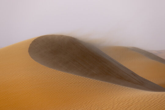 View of windswept, golden sand dunes creating mesmerizing patterns under a hazy sky, a tranquil yet powerful scene of nature's artistry, Bateen Liwa, Abu Dhabi, United Arab Emirates.