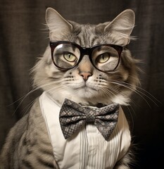 Stylish cat wearing glasses and a bow tie posing confidently against a dark background