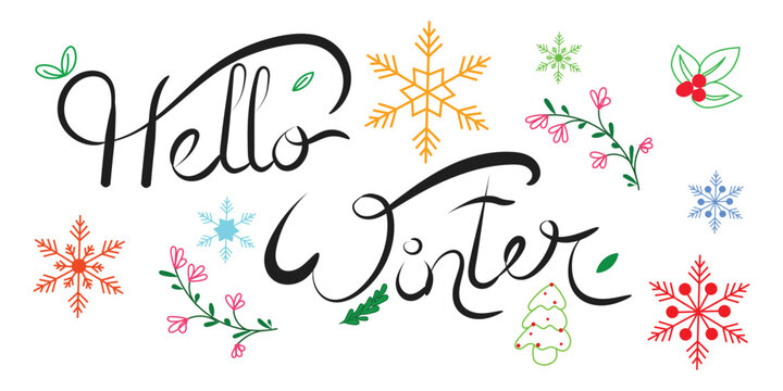 hello winter hand lettering with snowflakes and floral doodles vector, festive hello winter typography with colorful seasonal icons, winter greeting calligraphy design with snowflakes leaves.