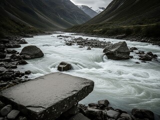 A rocky river flows through a mountain valley with large boulders in the water and on the shore.