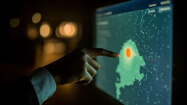 Black male scientist pointing at data visualization heat map on large digital screen, concept of big data analysis, artificial intelligence, and scientific research in dark laboratory. - Powered by Adobe
