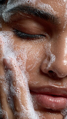 Close-Up of Young Woman Cleansing Face with Abundant Foam