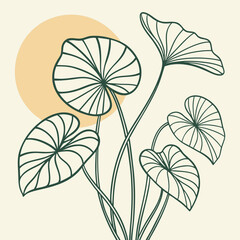 Obraz premium Minimal Botanical Line Art with Tropical Leaves and Sun Circle