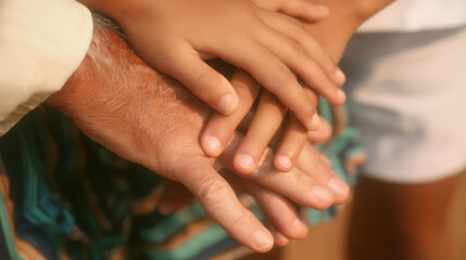 Close-up of three hands of different generations stacked together, concept of family unity, support, and community cooperation.