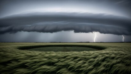 Dark storm cloud with lightning over a green field with a circular depression