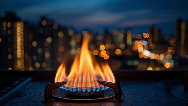 Close-up of burning gas stove flame with blurred night city lights bokeh in background