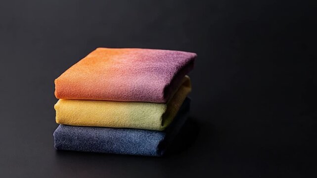 Stacked Textiles: An inviting scene features a carefully arranged stack of plush, colorful textiles, each displaying its unique hue and texture. The interplay of colors against the dark backdrop. 