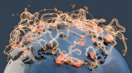 Abstract glowing 3D world map with digital shipping routes and global data network connections, logistics and international business concept.
