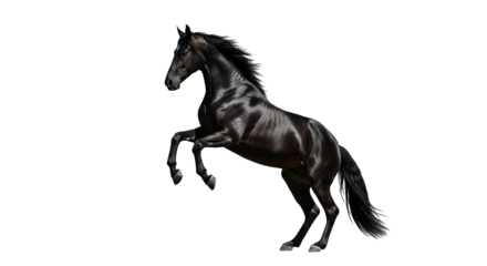 Majestic black horse rearing up powerfully against a stark black background, showcasing strength