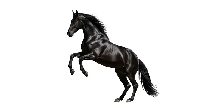 Majestic black horse rearing up powerfully against a stark black background, showcasing strength