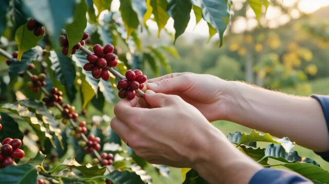 Hands gently harvesting ripe coffee cherries from lush green coffee plants in warm sunlight - Powered by Adobe