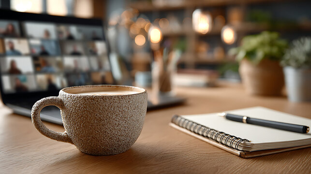 Cozy home office setup with laptop for video conference, cup of coffee and notebook on wooden desk with warm bokeh background.
