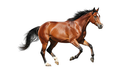 Obraz premium Majestic brown horse in motion against black background, exuding power and grace in its stride.