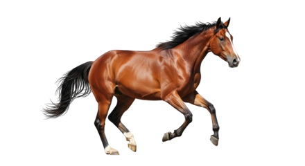 Majestic brown horse in motion against black background, exuding power and grace in its stride.