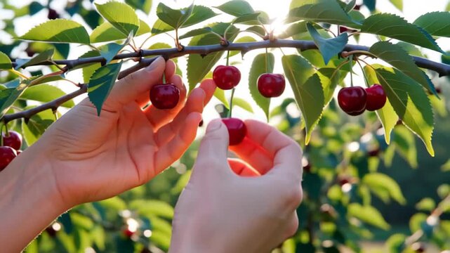 Close-up of gentle hands picking ripe cherries from a sunlit cherry tree with vibrant green leaves