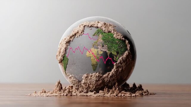 Earth Under Pressure: A visual metaphor of global challenges, featuring a globe encased in crumbling earth, a stark reminder of environmental and economic instability. 